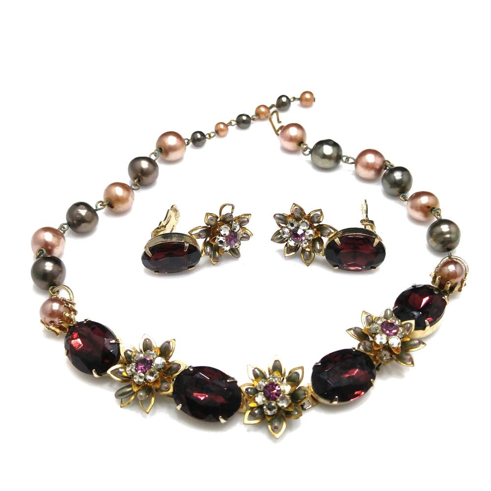 Vintage 1950s Purple Rhinestone Floral Necklace Earrings Faux Pearl
